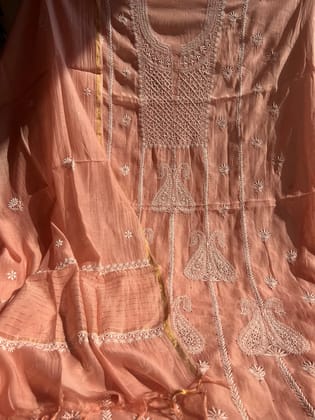Mul Chanderi Chikankari Unstitched Length with Dupatta -Rosewood-Rosewood / Mul Chanderi / Pearl Work
