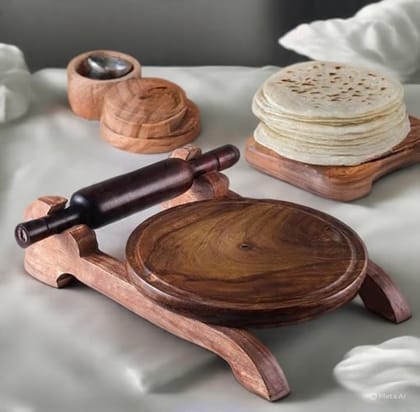 Brown Sheesham Wood Chakla Belan Stand Set For Roti Making | Wooden Rolling Board & Pin With Stand | Handcrafted Traditional Chakla Belan For Indian Kitchen | Eco-Friendly & Durable