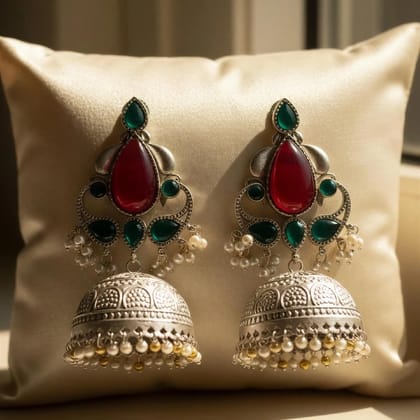 Elayne Ruby Emerald Pearl Jhumkas Elayne Ruby Emerald Pearl Jhumkas