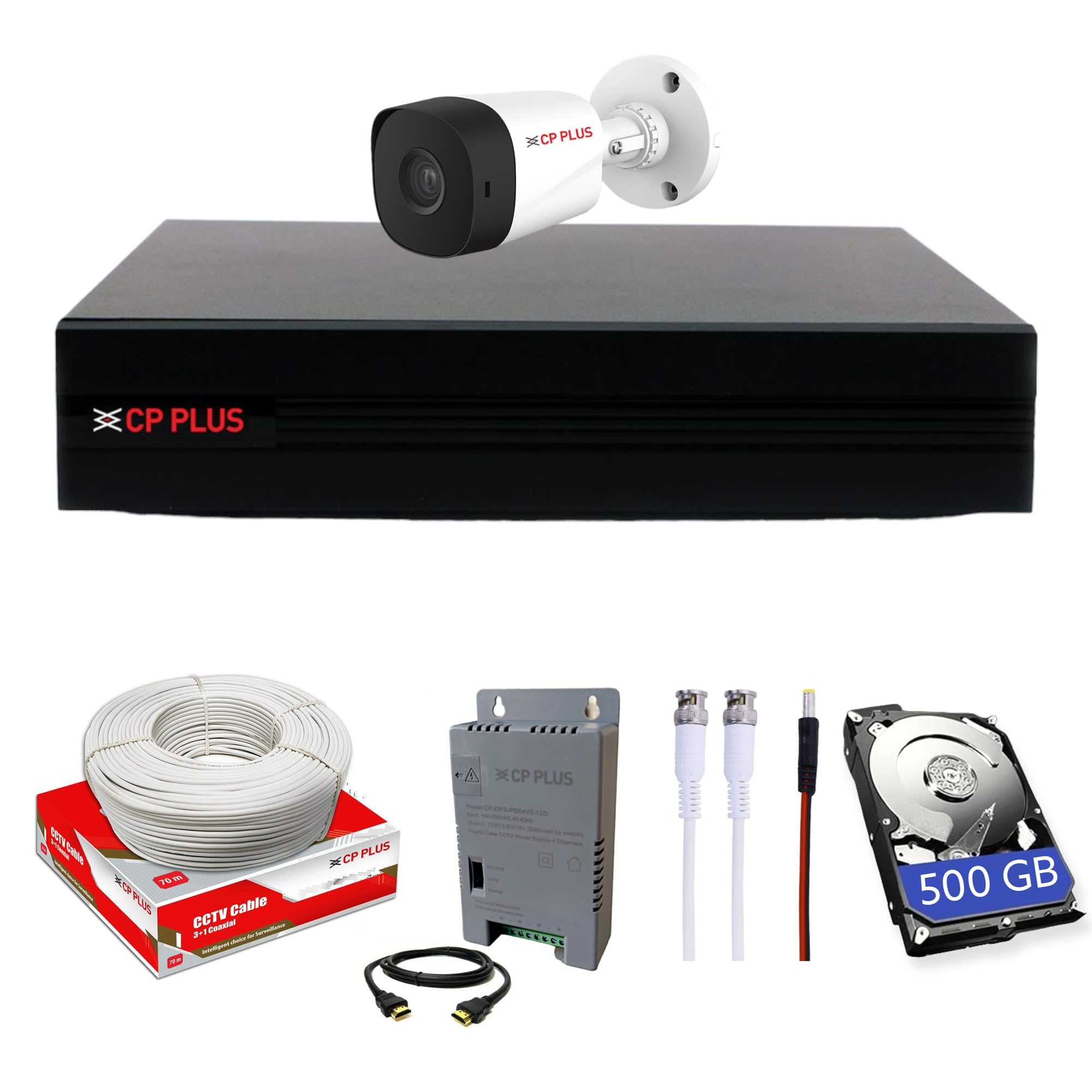 CP PLUS Full HD 4 Channel DVR with 1x 5 MP Outdoor Cameras, Built-in Audio Mic, Motion Detection, 500GB HDD, 4 Ch SMPS, CCTV Cables, HDMI+BNC/DC Set -