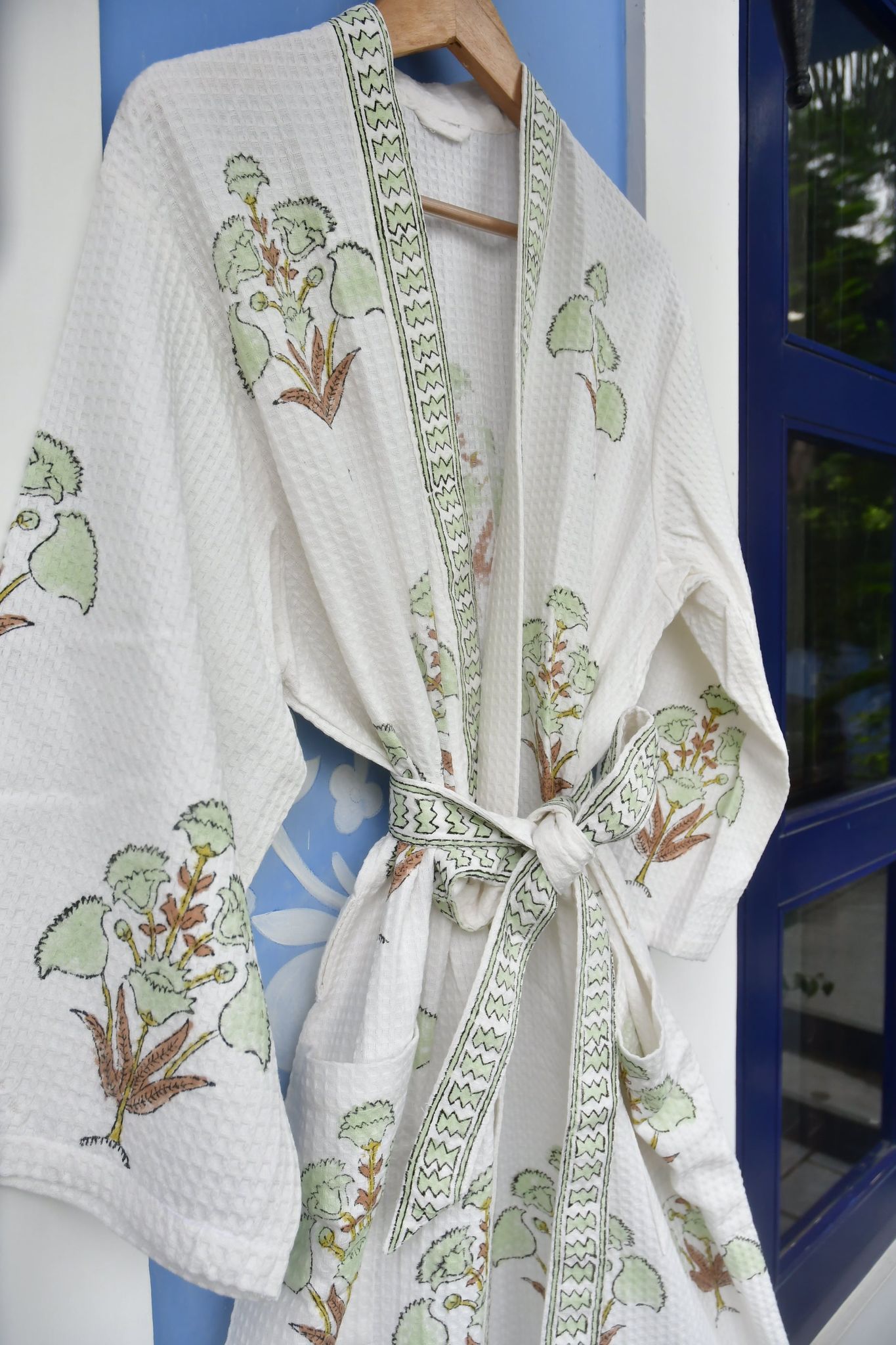 Pista Green Floral waffle cotton Bathrobe