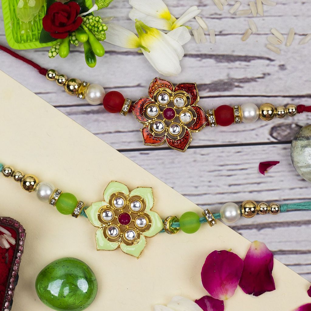 Craftlayout Flower Stone Pearl Set Of 2 Handmade Thread Designer Rakhi For Brother