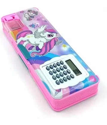 Freedy Unicorn Pencil Box with Calculator, Magnetic Lock, Dual Compartments,Cartoon Stationery Case School Kit for Girls, Kids, Students Combo Set of 5in1 Art Plastic Pencil Box  (Set of 1, Multicolor)