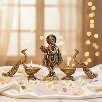 Sukh Sehaj Brass Shree Krishna Murti & Mayura Deepam Worship Combo Set: Ananda
