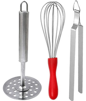 JISUN Stainless Steel Dolphin Plastic Handle Egg Whisk, Beater, Whisker & Vegetable Masher / Pav Bhaji Masher / Potato Masher & Cooking Tong Roti Chimta Silver Kitchen Tool Set