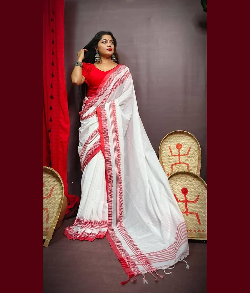 SARADA HANDLOOM Cotton Printed Saree With Unstitched Blouse Piece ( White )