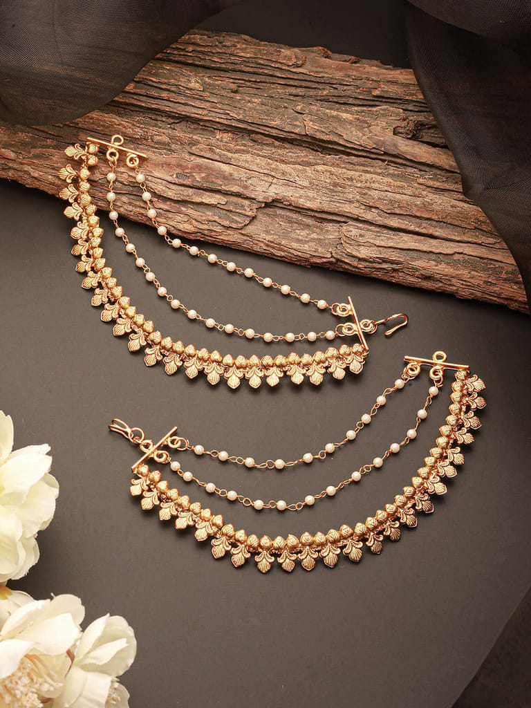 Gold Plated 3 Layered Pearls Matil Champaswaralu Temple Ear Chain Earrings - Earrings | Buy online on ZillyBuy