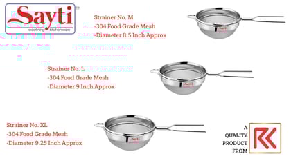 RK Sayti Stainless Steel Round Strainer, 304 Grade Single Mesh, Premium Polish, Medium,Large,XL Pack of 3 RK Sayti Stainless Steel Round Strainer, 304 Grade Single Mesh, Premium Polish, Medium,Large,XL Pack of 3