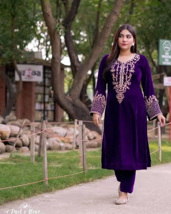 Ethenika Neck Embroidery work Velvet Suit-Free Size
