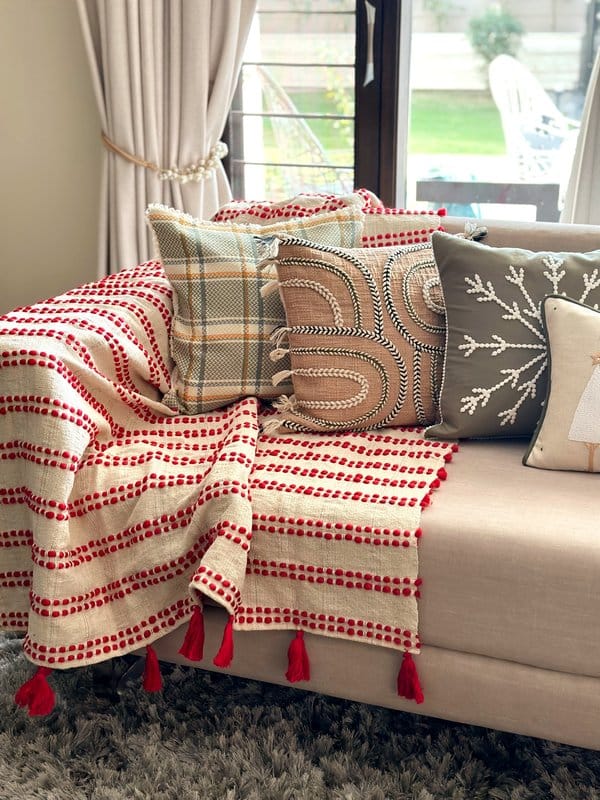 KRI India Distressed Red Dotted Lines Sofa Throw | Red & Beige  | 51x65 inches  | Wash & Care | 100% Cotton | Handcrafted in India. 100% organic & natural.