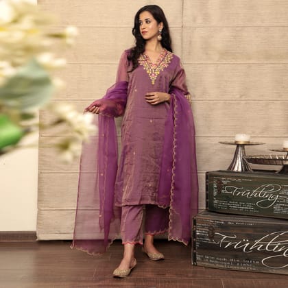 Embroidered purple metallic chanderi kurta set-XS