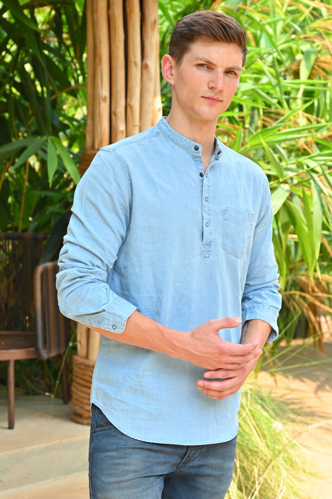 Asia - Denim Kurta Shirt - Sky-XL-44 / SKY