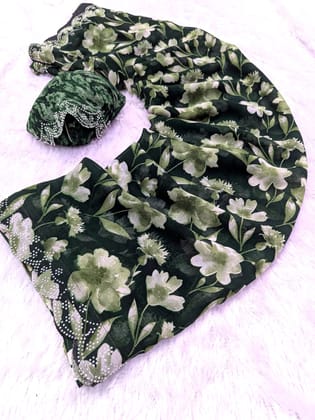 Georgette flower print saree-Swaroski border