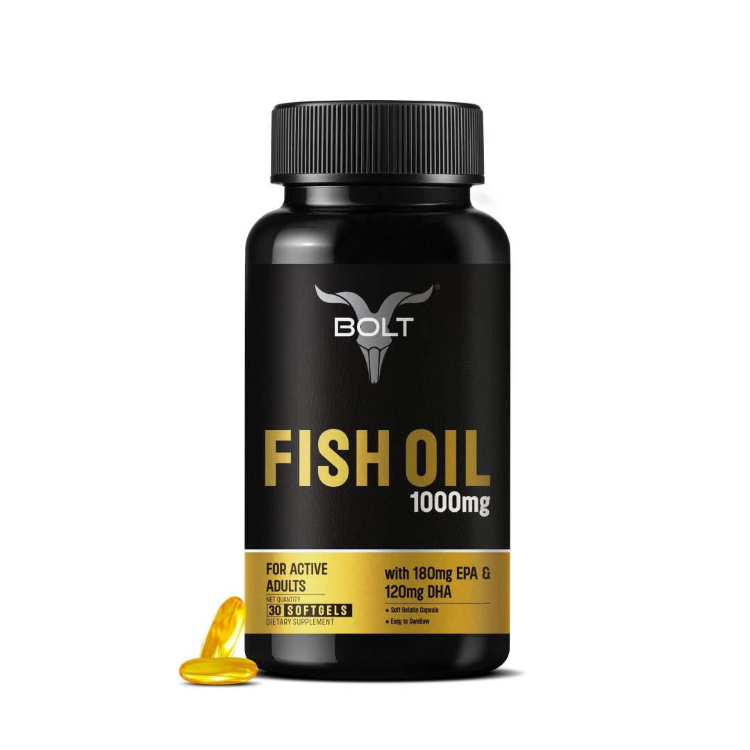 Bolt Nutrition Fish Oil | For Men and Women | 1000mg Omega-3 with 180mg EPA & 120mg DHA | Supports Heart, Brain, Eyes & Joint Health | Burp-Free Formula-30 count