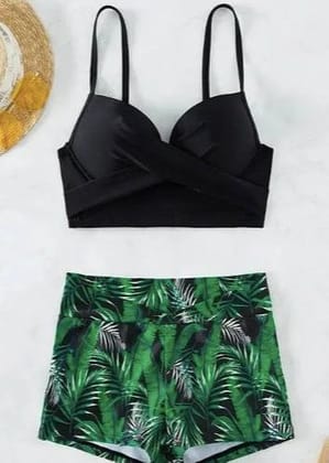 Black Tropical Printed Swimwear Set Black XL
