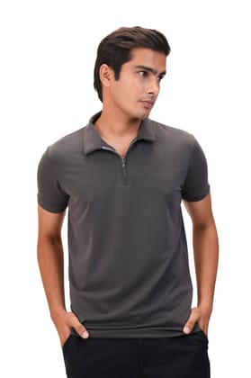 Suede Zipper Polo-Charcoal Grey / XS