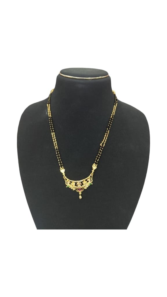 Gold Mangalsutra Necklace for Women with Black Beads and Floral Pendant