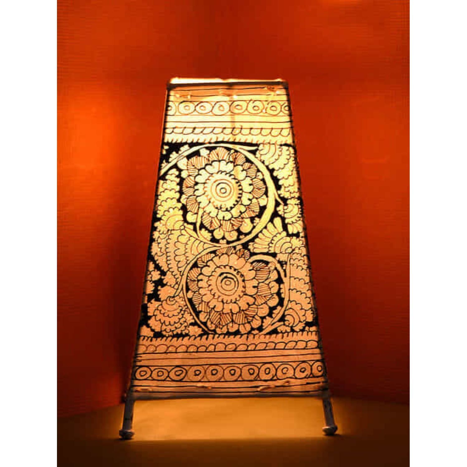 Lively Flower Kalamkari Handpainted Standing Square Leather Lamp -9 Inch