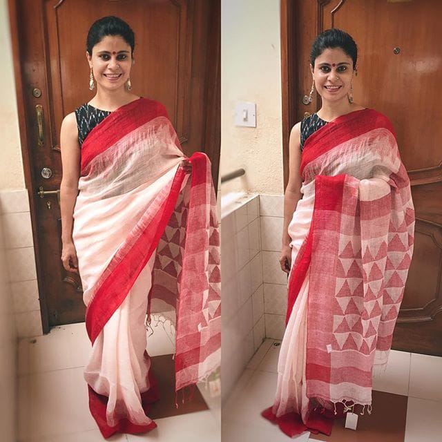 Cream and Red color Party wear Linen Digital Printed Sari 1297