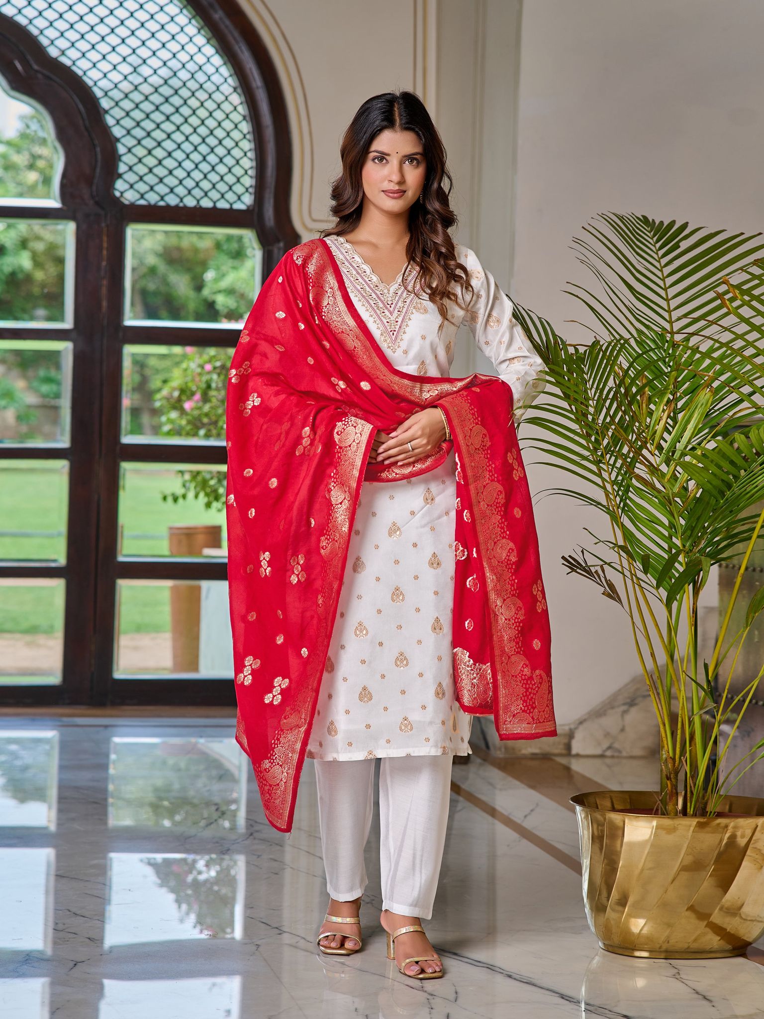 WHITE & RED COTTON EMBROIDERY WORK KURTI PANT WITH FANCY DUPATTA-S