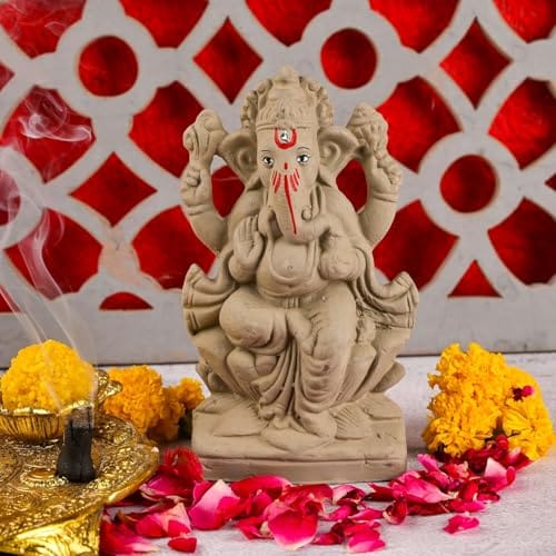 Idol | Eco-Friendly Handcrafted Mud/Clay Ganesh Murti | Ganpati Figurine for Visarjan | Biodegradable Lotus