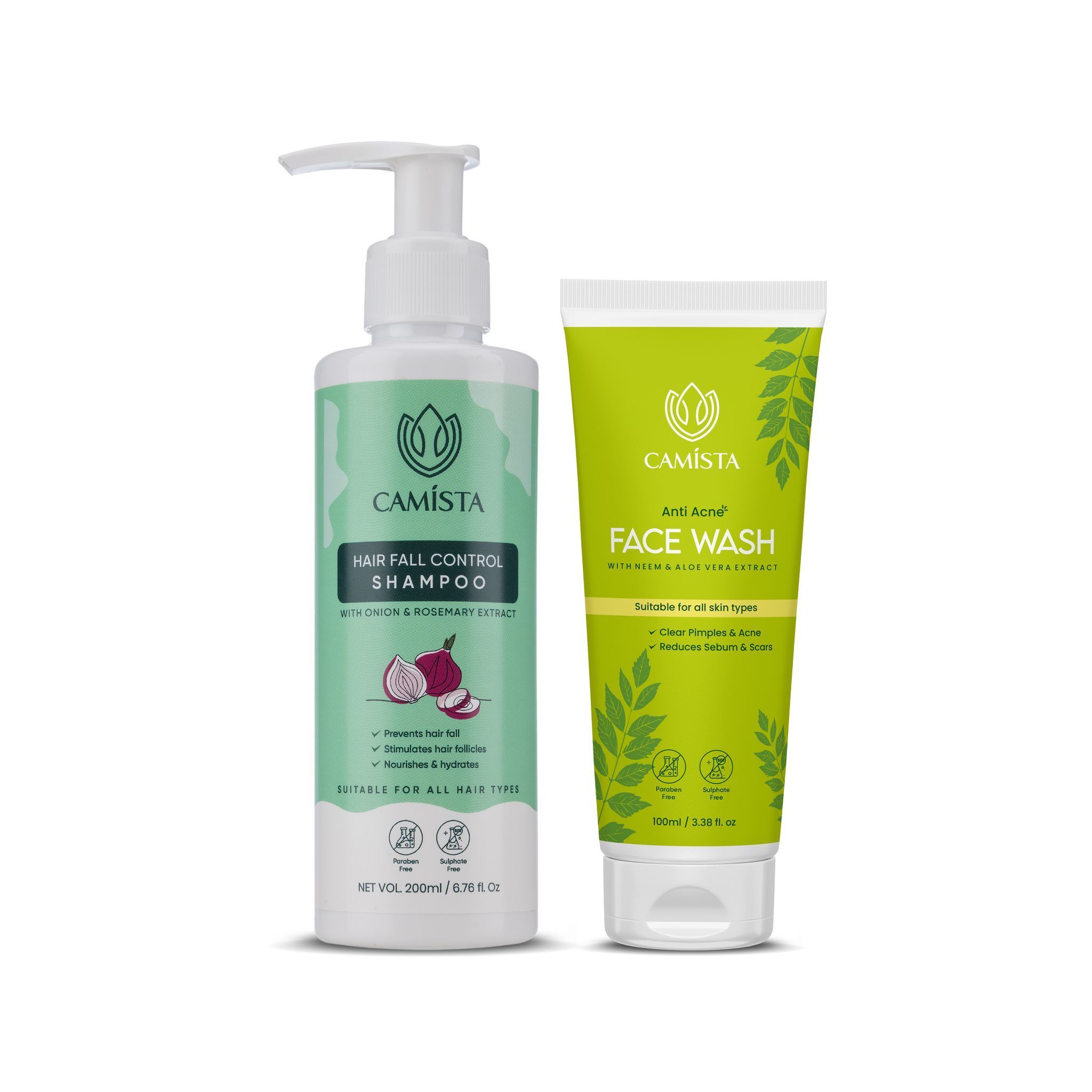 CAMISTA Hair Fall Control Shampoo with Onion & Rosemary Extract & Anti Acne Face Wash with Neem & Aloe Vera Extract - Pack of 2 - 300 Ml