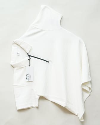 White | Ottoman Rib Textured | Polo Zipper T-Shirt-M
