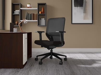 Greta 2.0 Mid Back Fabric Ergonomic Office Chair (Black Ink with Black Body) (1-Year Warranty, Adjustable Armrest)