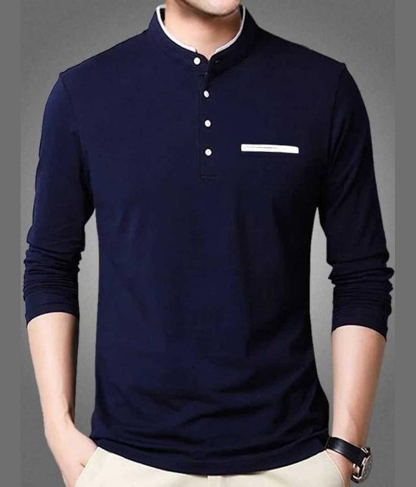 Alexender Cotton Regular Fit Solid Full Sleeves Men's Mandarin Collar T-Shirt - Blue ( Pack of 1 )