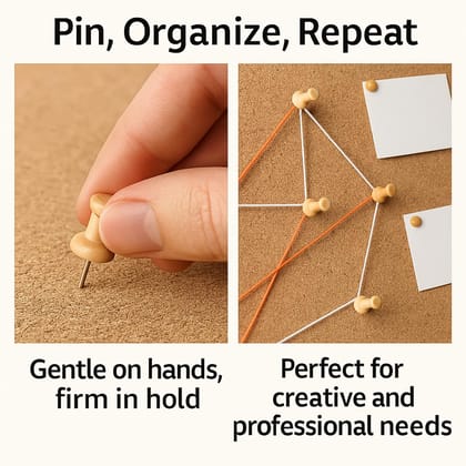 Natural Wooden Push Pins (Pack of 50, Mixed Design) � Decorative Thumb Tacks with Metal Points for Cork Boards, Crafts, Display Boards � Storage Box Included