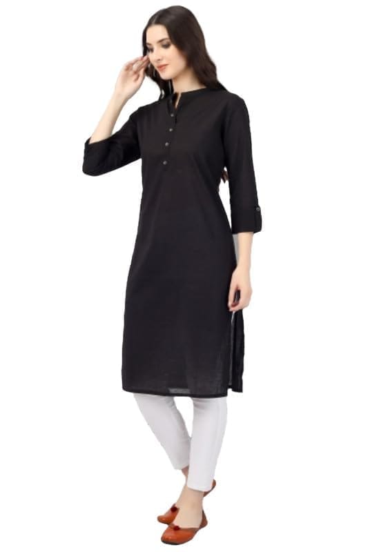 Women's Solid Calf Length Cotton Kurti (Black, 2XL)-PID46340