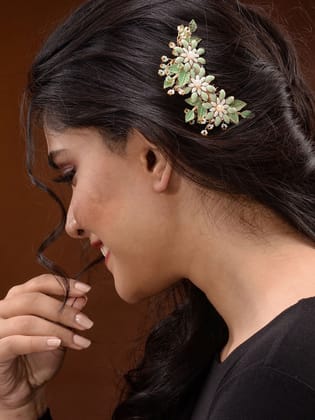 Green Gold Toned Enamelled Pearl Embellished Comb Pin