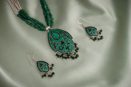 Hand Painted Kashmir Kali Enamel Silver Necklace Set