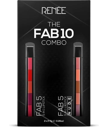 RENEE Fab 10 Combo, Five Shades In One| Long Lasting, Matte Finish, Intense Color Payoff,7.5gm each