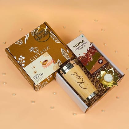 Giftana Diwali Gifts Set with Wooden Tumbler, Loyka & Lotus Diya