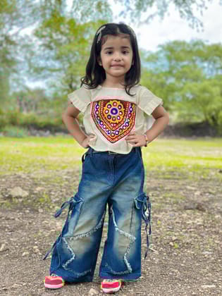 Navratri Special Ethinic Mirror Work Cotton Fabric Kids Top-White / 0-6 Month