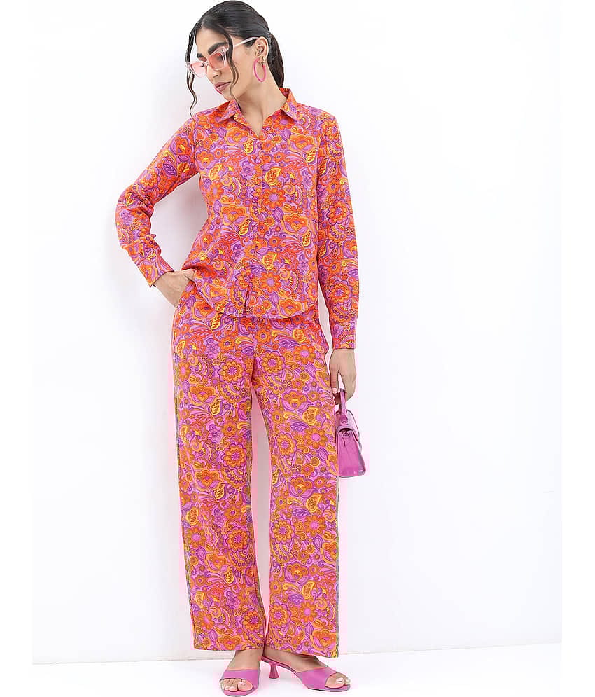 Ketch Women Printed Shirt With Trousers Co-Ord Set ( Pink )