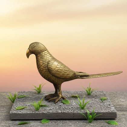 Brass Parrot Statue Table Decor | Handcrafted Bird Showpiece, Height : 7.5 Inch (ANMAS073)