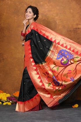 Premium ~ Handloom Pure Silk Zari Temple Border Saree With Handcrafted Peacock Pallu - Black