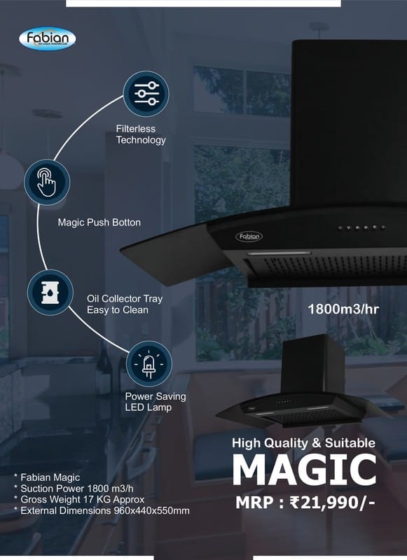 Fabian Magic Filterless Kitchen Chimney (Black, 960mm) | 1800m3/hr Powerful Suction | Smoke-Free Cooking