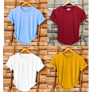 Fashlook Solid Round Neck Polyester Casual Multicolor Half Sleeve T-Shirt For Mens (Pack of 4)