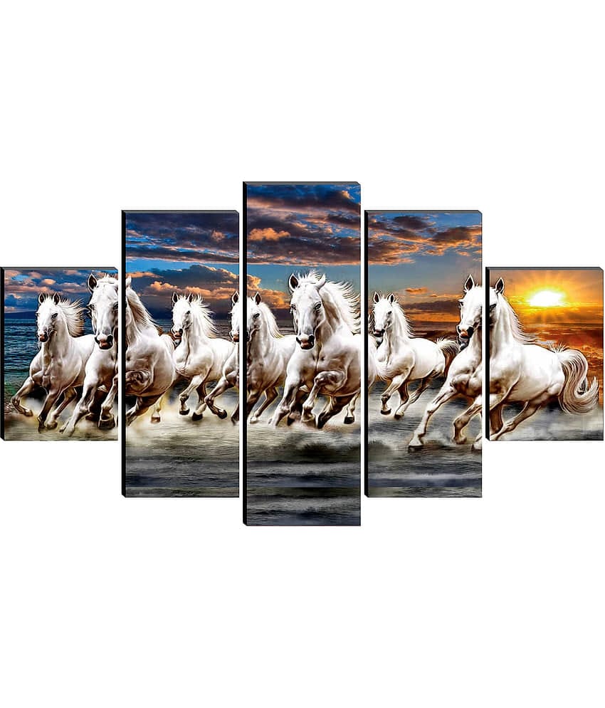 Saf Abstract Seven Horses Vastu Animal Painting Without Frame (Set of 5)