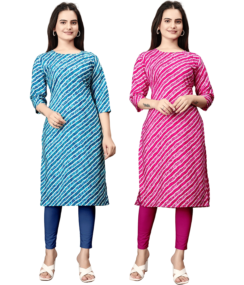VACHHARAJ GROUP Crepe Printed A-line Women's Kurti - Blue,Pink ( Pack of 2 )