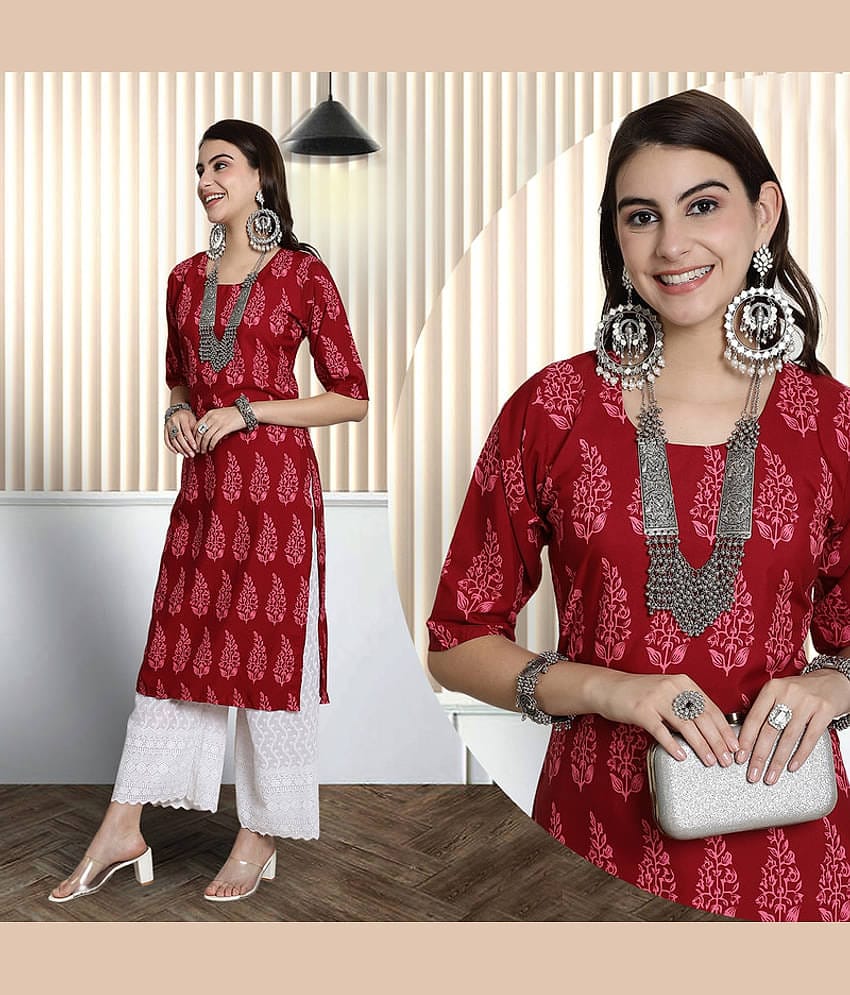 Ethnic Basket Pack of 1 Crepe Printed A-line Women's Kurti - ( Red )