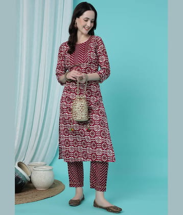 TRAHIMAM Cotton Blend Printed Kurti With Pants Women's Stitched Salwar Suit - Maroon ( Pack of 1 )