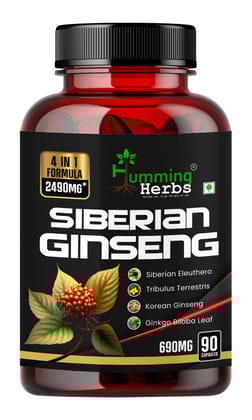 Humming Herbs Siberian Ginseng | Energy Boosting, Immune Supporting & Performance Enhancing | Includes Ginkgo Biloba Leaf, Tribulus Terrestris & Korean Eleuthero Root Extract Ginseng- 2490mg, 90 Caps