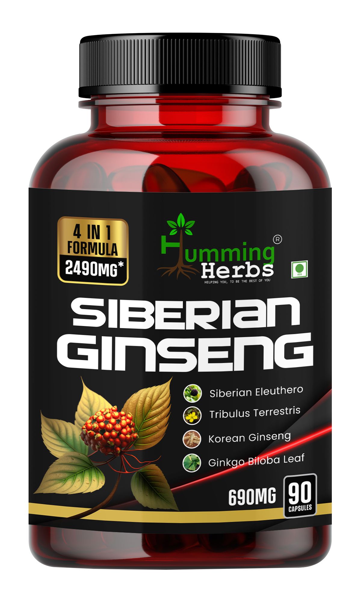 Humming Herbs Siberian Ginseng | Energy Boosting, Immune Supporting & Performance Enhancing | Includes Ginkgo Biloba Leaf, Tribulus Terrestris & Korean Eleuthero Root Extract Ginseng- 2490mg, 90 Caps
