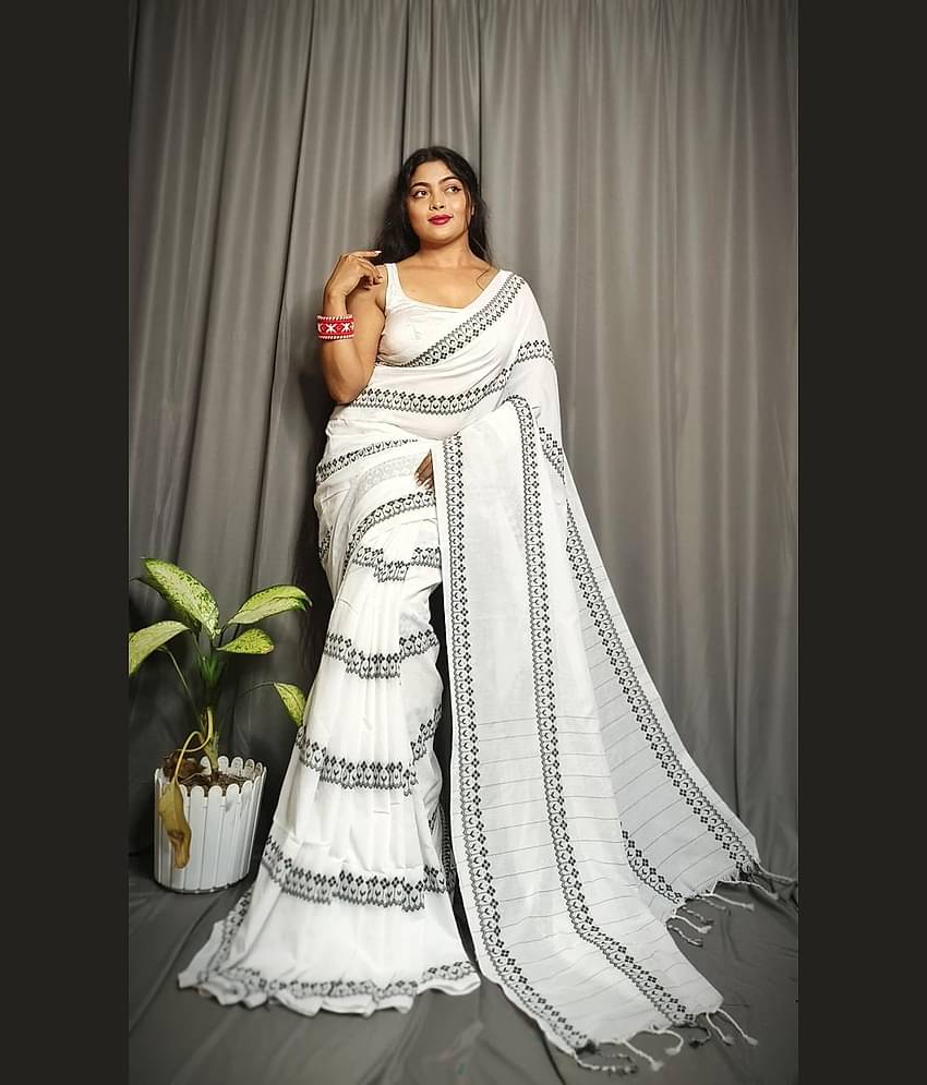 SARADA HANDLOOM Cotton Printed Saree With Unstitched Blouse Piece ( White )