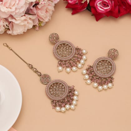 Pink Color Pakistani Kundan Earrings With Maang Tikka (KDTE592PNK)-Default Title / pink / Alloy with Good Quality Mehendi Gold Plated