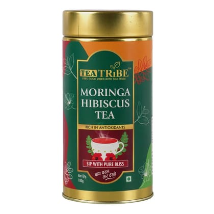 TEA TRIBE Herbal Tea Moringa Hibiscus Blend Red Green Loose Leaf Tea 100 Gm Natural Botanical Ingredients for Hot and Cold Brew